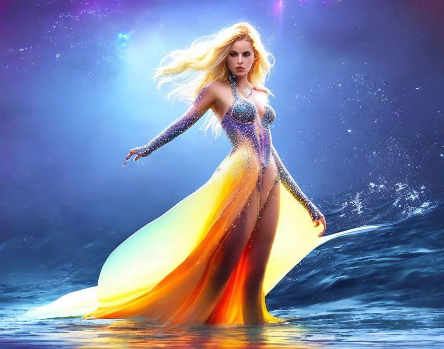 Fantasy digital art: Flowing hair, sparkling dress, fiery tail, cosmic ocean.