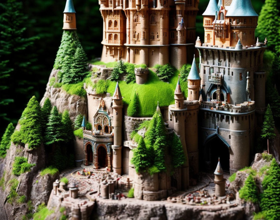 Detailed miniature fantasy castle on lush green cliff with pointed turrets.