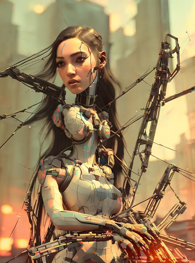 Photorealistic female android with exposed mechanical parts in golden city backdrop