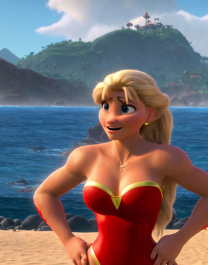 Blonde CG-animated female character in red outfit on beach