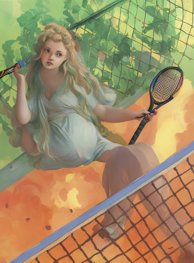 Digital artwork of woman with flowing hair on tennis court