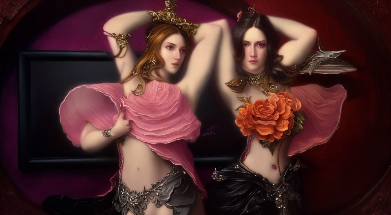 Stylized fantasy female figures with elaborate headpieces on dark burgundy backdrop