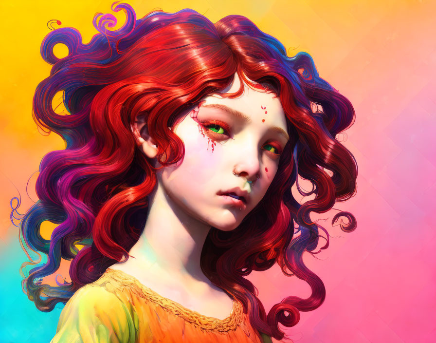 Colorful digital art: Young girl with red and purple hair on vibrant backdrop