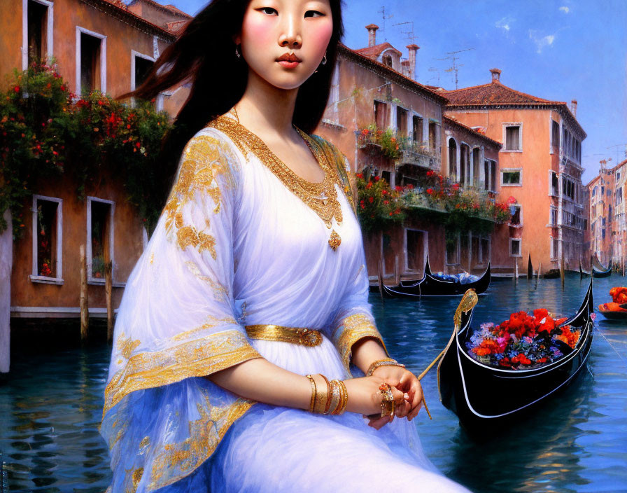 Elegant woman in traditional attire by Venetian canal