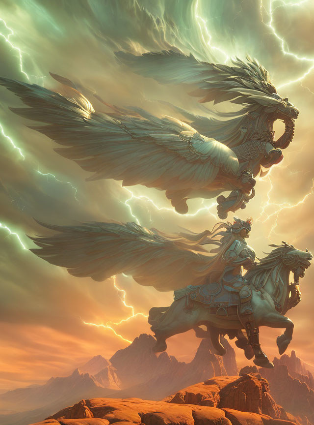 Warrior on horseback with mythical bird under dramatic sky