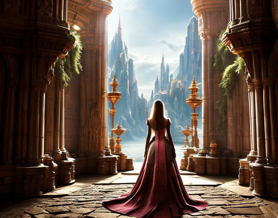 Person in red cloak at grand sunlit castle entrance