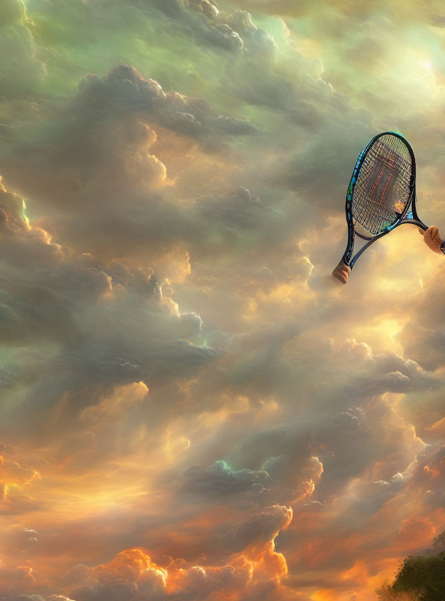 Tennis racket against dramatic sky with swirling clouds