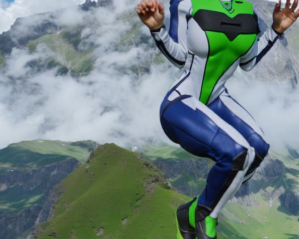 Child in Flying Suit Smiling Against Mountain Landscape