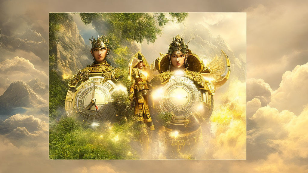 Three figures in ornate golden armor with clockwork elements in a mystical fantasy setting.