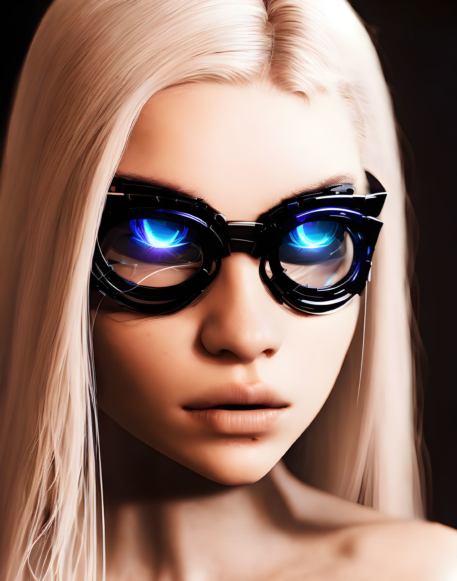 Platinum blonde hair and futuristic sunglasses on digital humanoid.