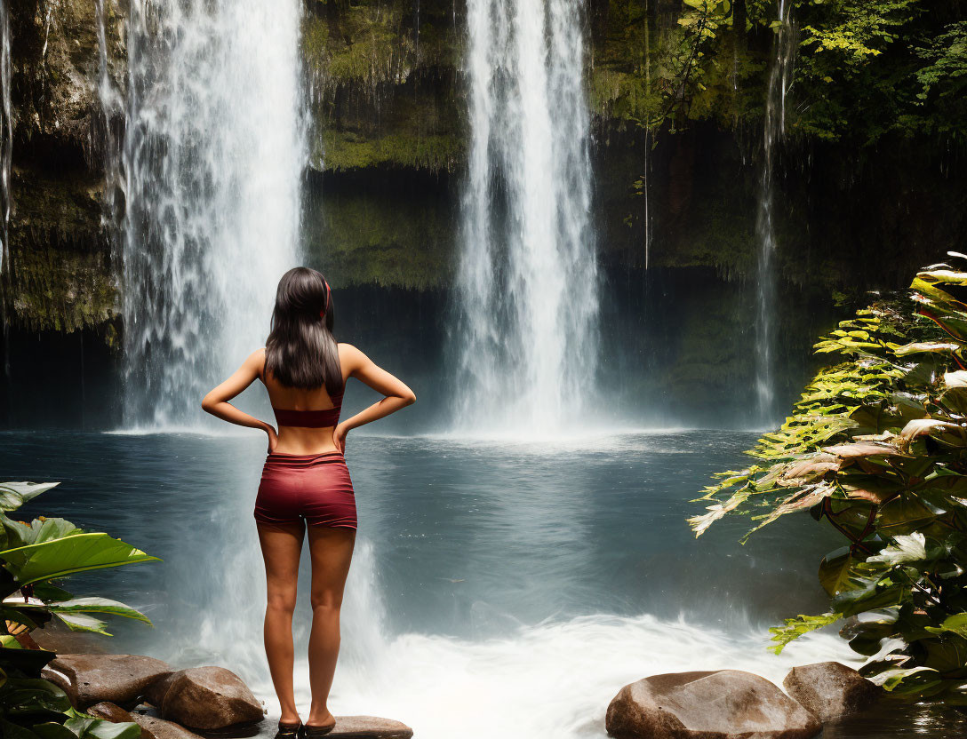 Woman in swimsuit at serene waterfall surrounded by lush greenery