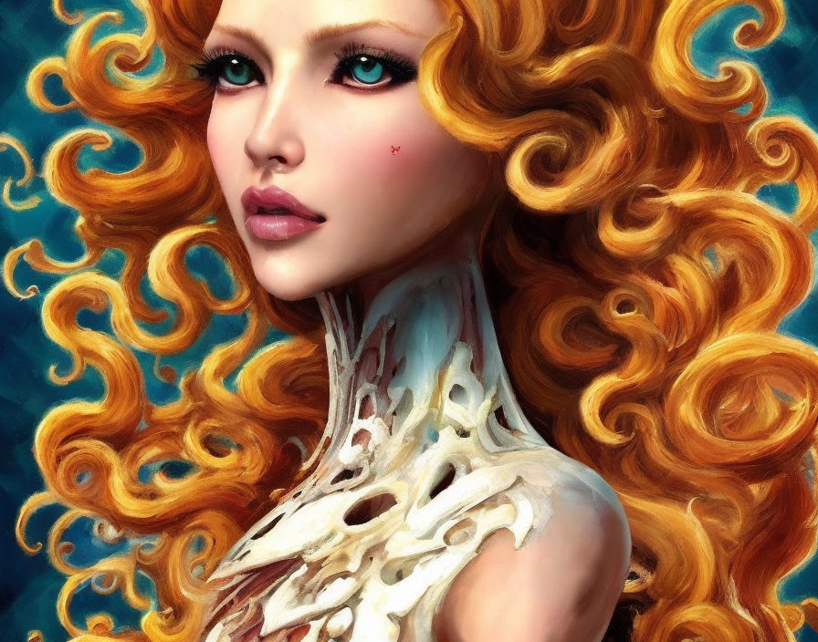 Digital Artwork: Woman with Voluminous Curly Red Hair and High-Collared Neckpiece