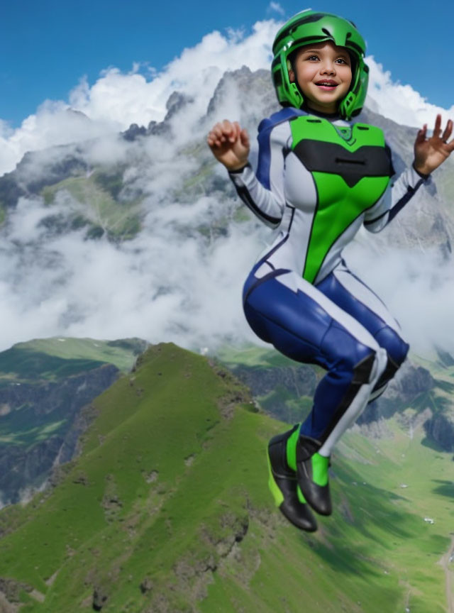 Child in Flying Suit Smiling Against Mountain Landscape