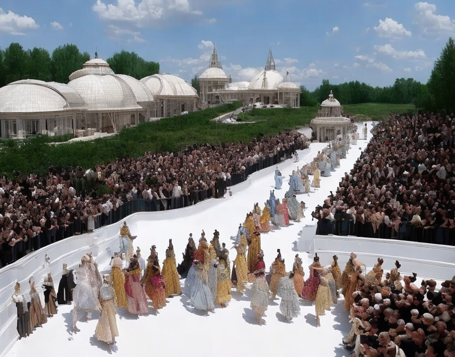 Elaborate Costume Fashion Show Outdoors with White Domes