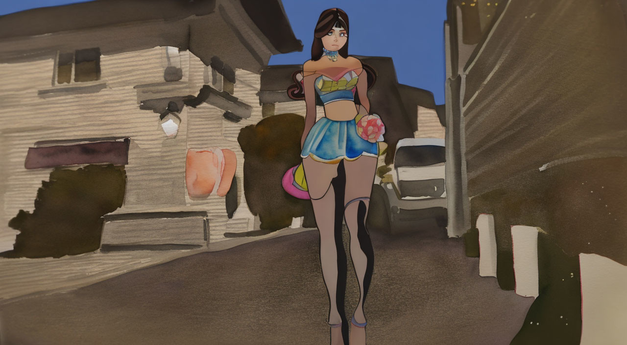 Dark-haired animated woman in superhero costume on dimly lit street