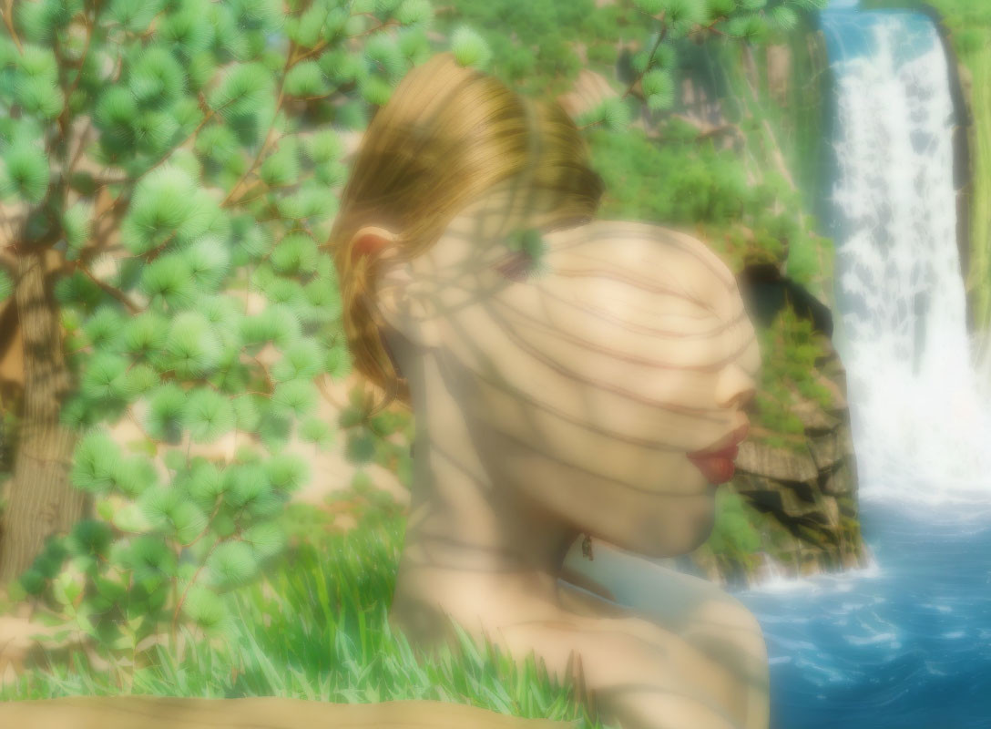 Blurred profile of person with tied hair against greenery and waterfall