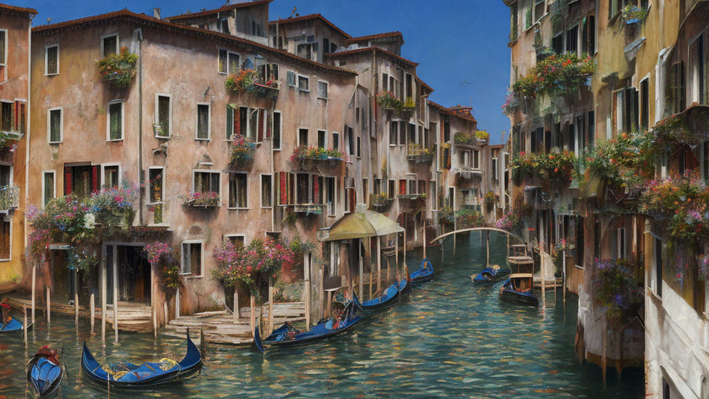 Venetian canal with gondolas, old buildings, and colorful flowers.