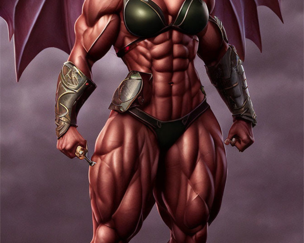 Muscular female warrior with wings in armor gauntlets and bikini top