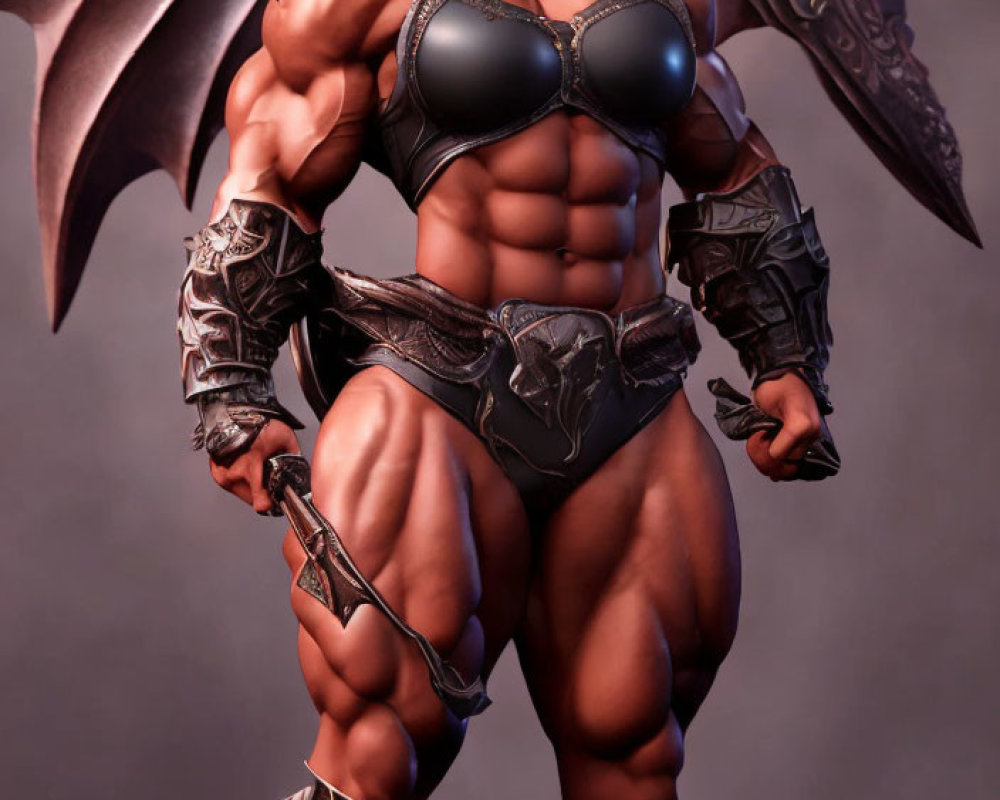 Muscular fantasy warrior in dark armor with winged shoulder pads and sword