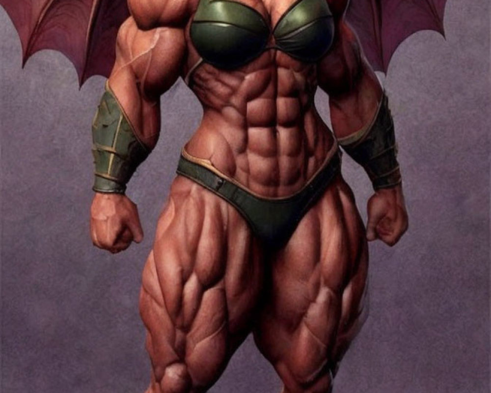 Muscular female fantasy character with wings in green bikini and arm guards on purple backdrop