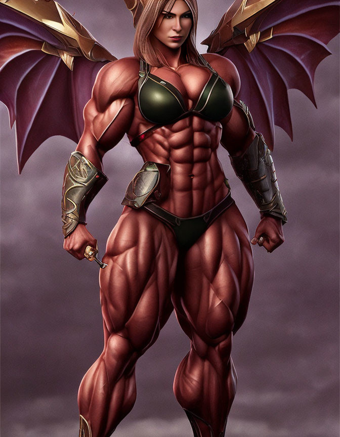 Muscular female warrior with wings in armor gauntlets and bikini top