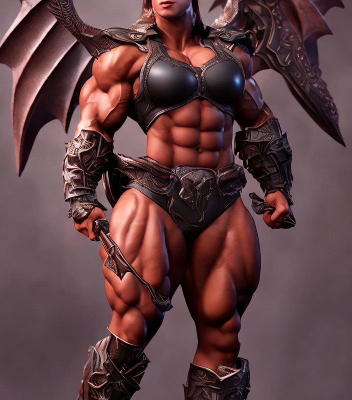 Muscular fantasy warrior in dark armor with winged shoulder pads and sword