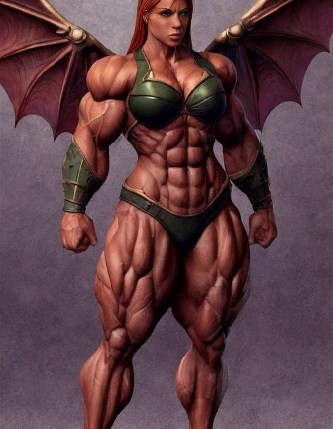 Muscular female fantasy character with wings in green bikini and arm guards on purple backdrop