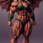 Muscular female fantasy character with wings in green bikini and arm guards on purple backdrop