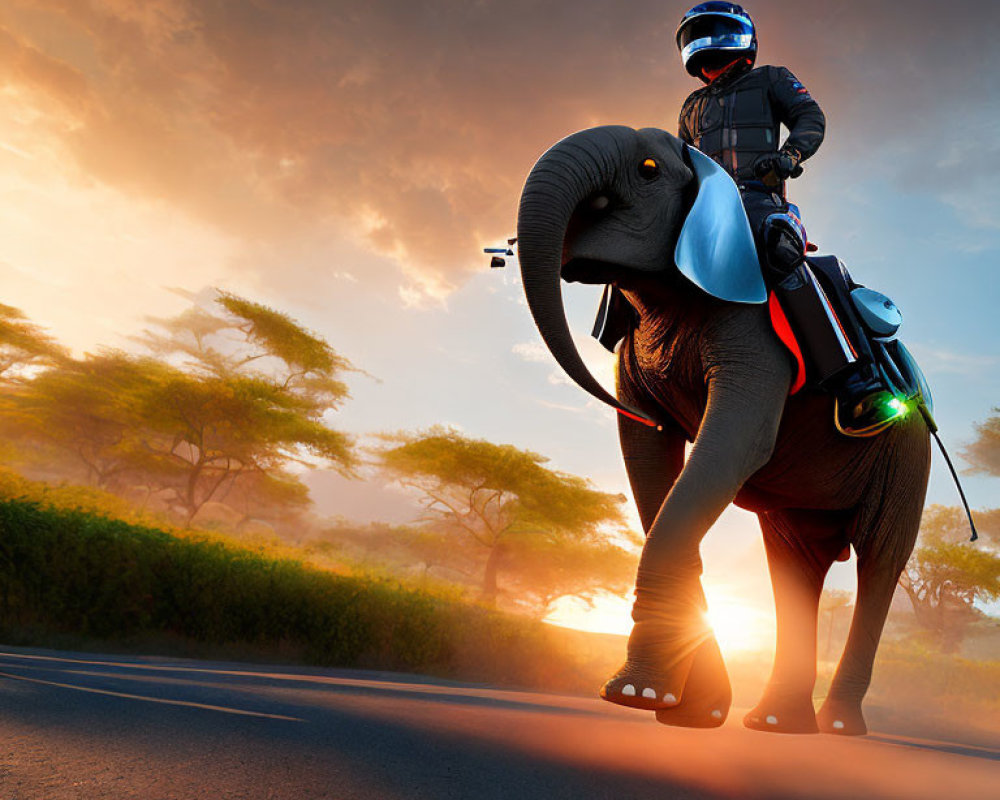 Person riding mechanical elephant on road at sunset with trees and orange sky.