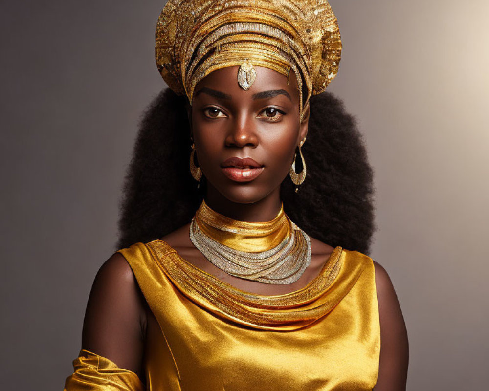 Regal woman in gold attire with headpiece and jewelry