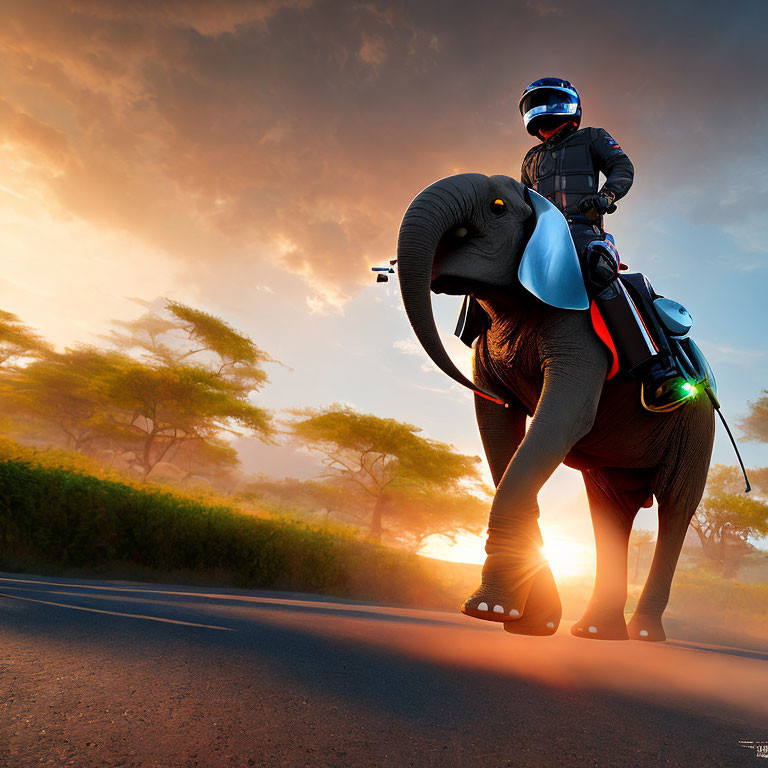 Person riding mechanical elephant on road at sunset with trees and orange sky.