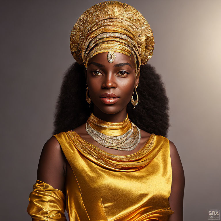 Regal woman in gold attire with headpiece and jewelry