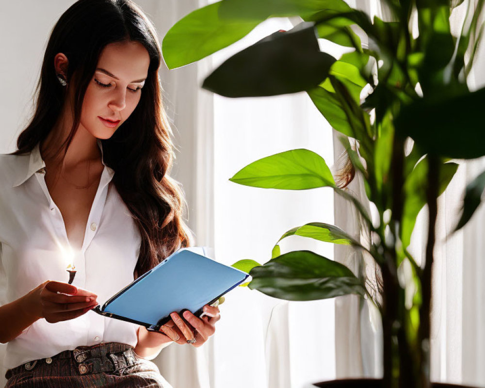 Woman reading book next to large plant in sunlight