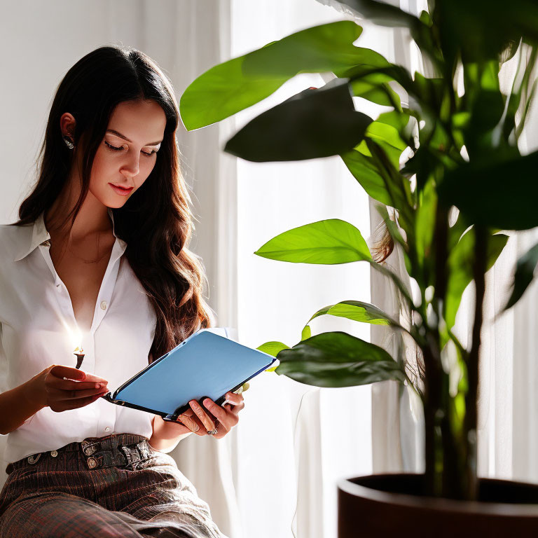 Woman reading book next to large plant in sunlight