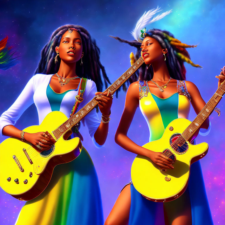 Two women with guitars in blue dresses against cosmic backdrop