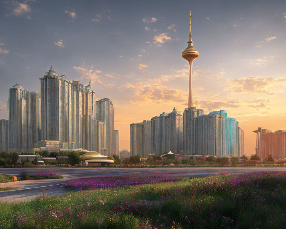 Modern city skyline at sunset with skyscrapers and prominent tower, against warm sky and blooming flowers