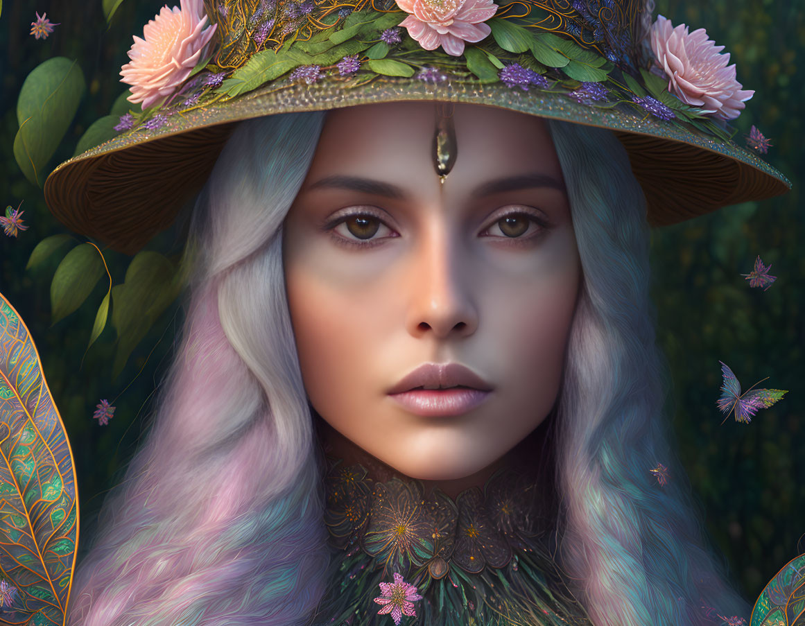 Fantasy portrait: Woman with lilac hair, green hat with pink flowers, jewel, foliage backdrop