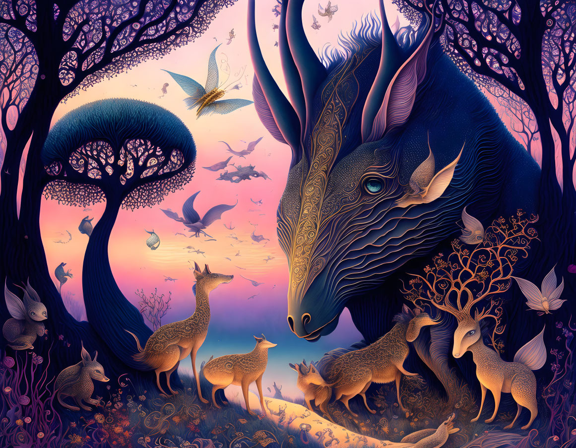 Majestic stag in vibrant fantasy forest with mystical creatures