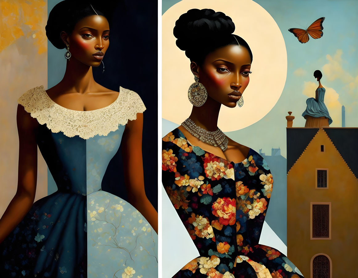 Stylized diptych portraits of a woman in elegant attire and whimsical backdrops