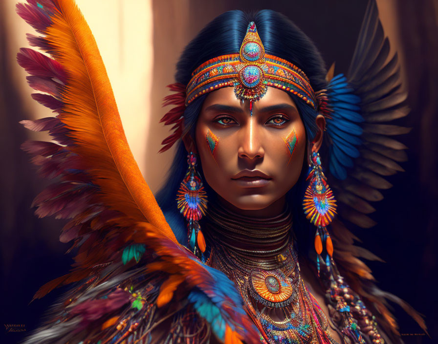 Vibrant Native American headdress and beadwork on person illustration