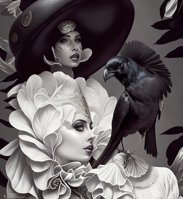 Monochromatic image: Stylish woman with crow on hand and floral motifs