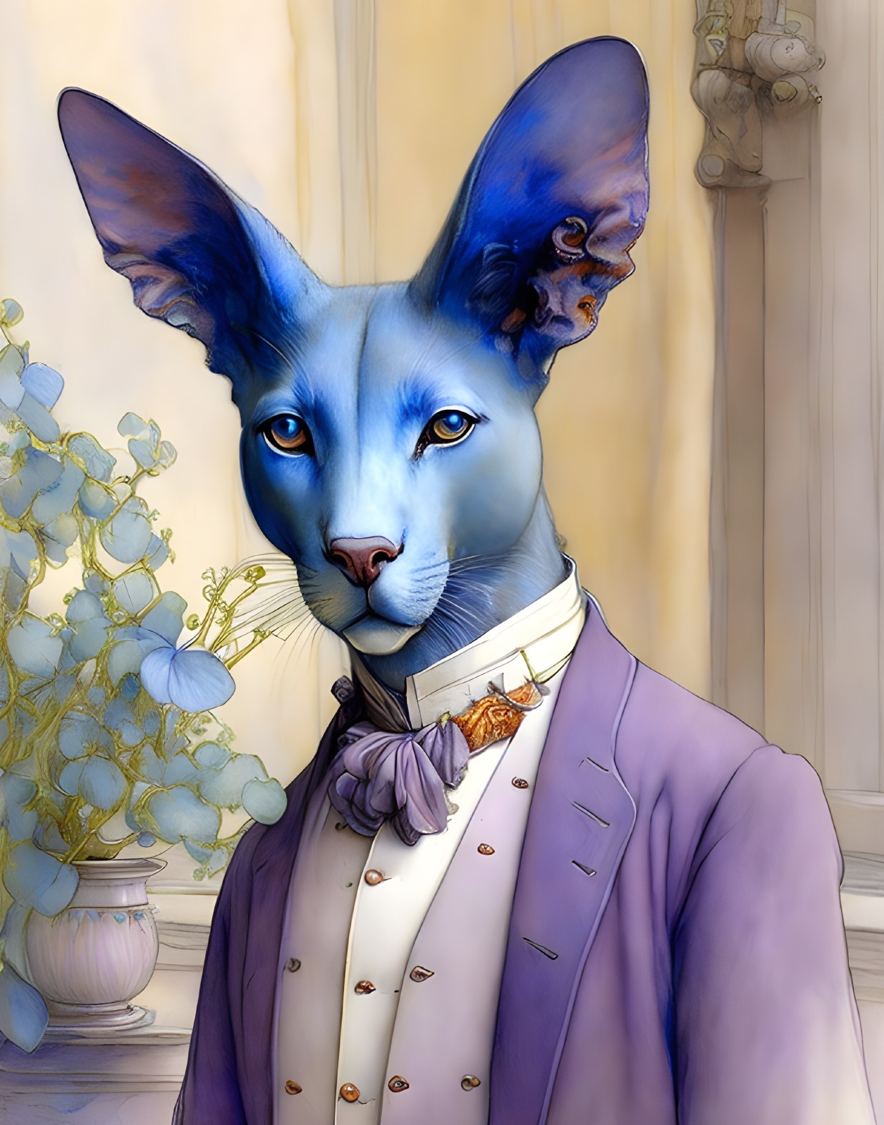 Blue anthropomorphic cat in purple suit with aristocratic air