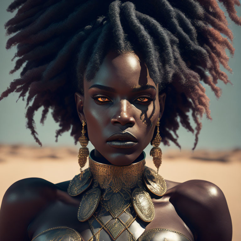 Portrait of woman with face paint, gold jewelry, dreadlocks in desert.