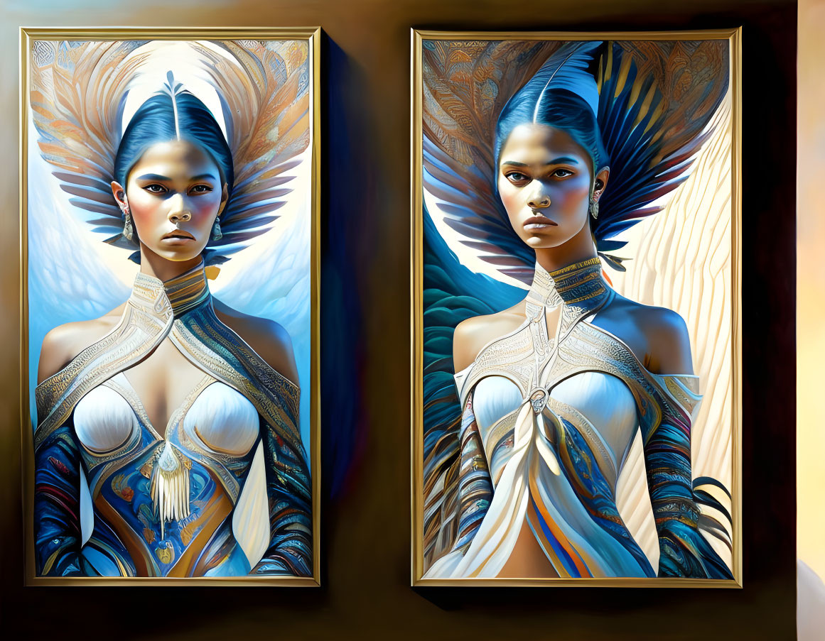 Portrait paintings of a woman with feathered wings and ornate jewelry.