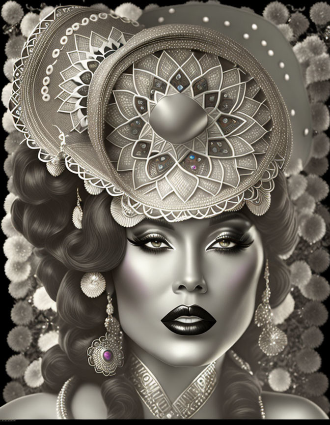 Detailed monochrome illustration of woman with ornate headdress, wavy hair, bold makeup, and