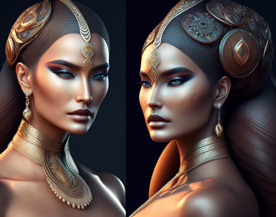 Intricate digital art of woman with golden jewelry and headdress