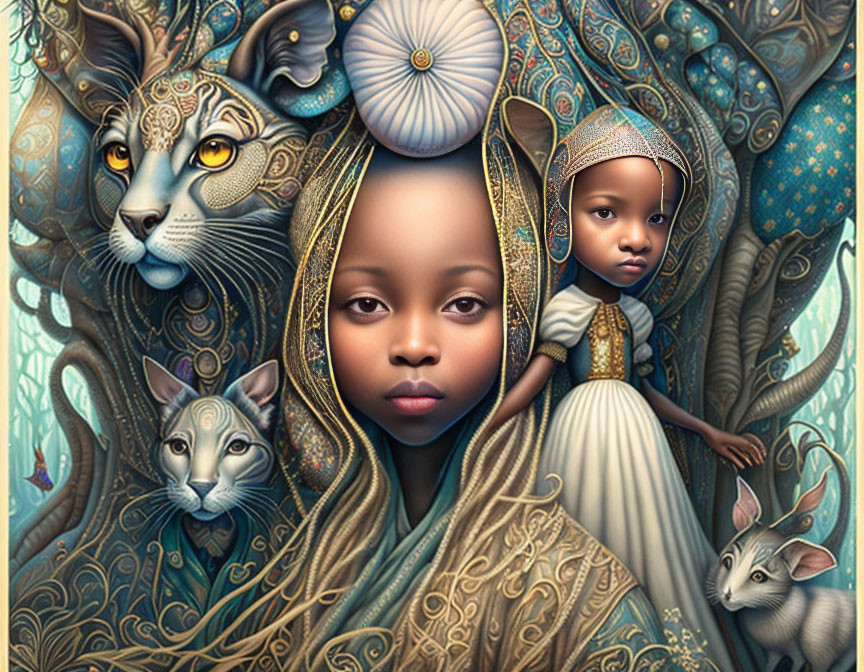 Surreal Artwork: Majestic Woman, Children, Lions, Patterns & Dreamlike Atmosphere