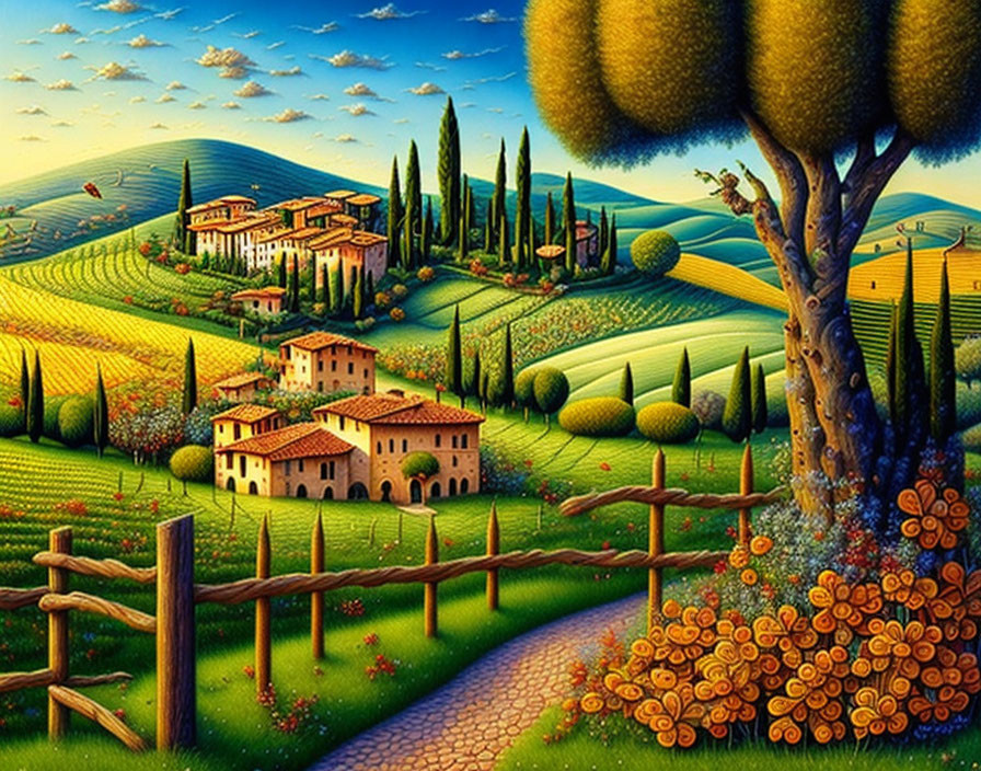 Colorful painting of Tuscan countryside with homes, cypress trees, fields, and winding path