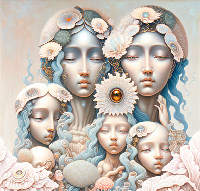 Multiple Pastel Faces Entwined with Floral Elements