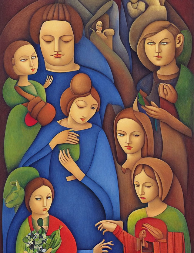 Stylized painting of seven figures with elongated faces in warm palette